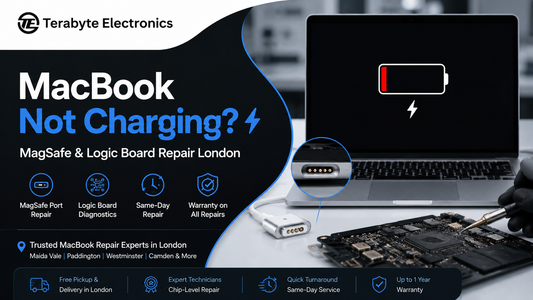 An electronics specialist using an inline USB-C voltmeter and micro-soldering tools to diagnose input voltage rails on a MacBook Pro logic board.