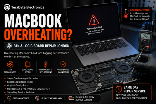An electronics specialist using precision anti-static tools and brushes to clean dust out of an open MacBook Pro cooling fan and radiator fin assembly.