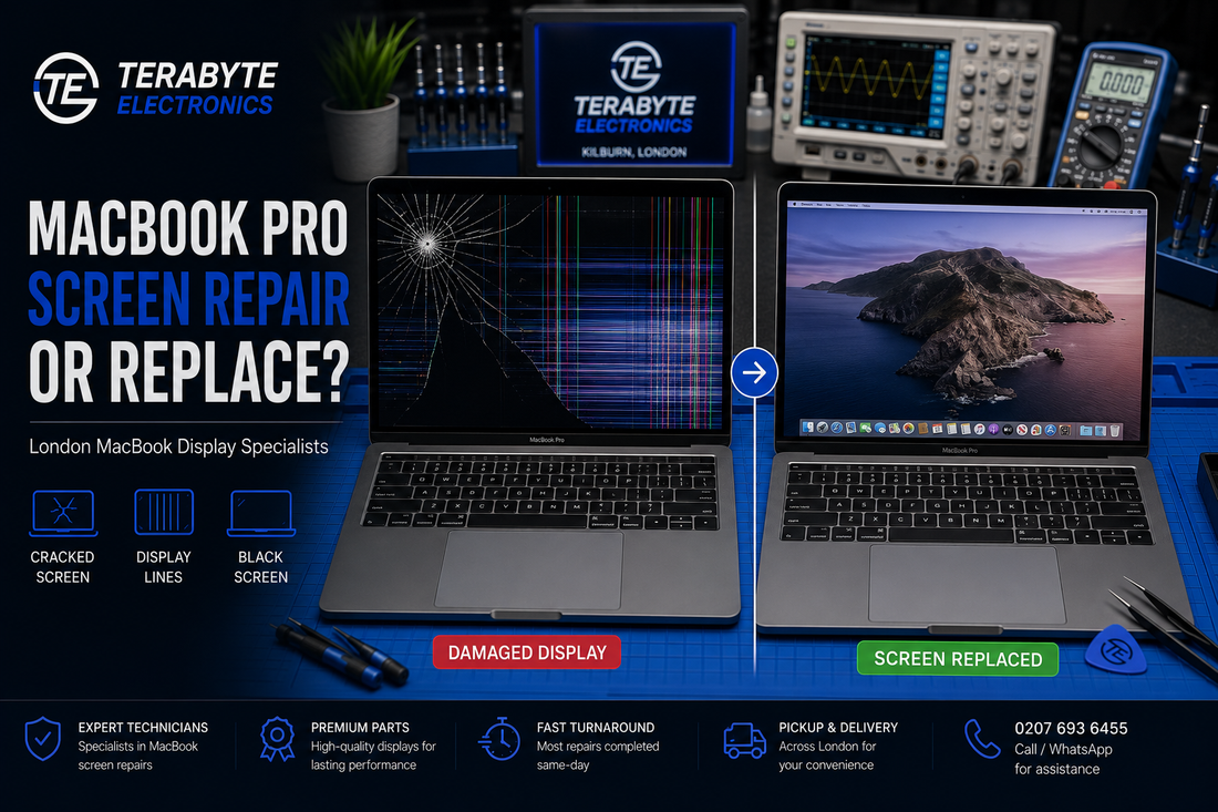 MacBook Pro laptop with a damaged display on a workshop bench next to a diagnostic evaluation checklist.
