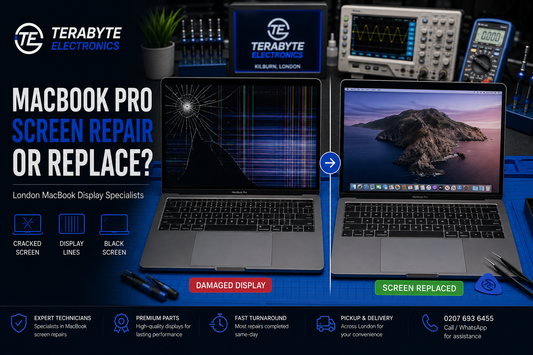 MacBook Pro laptop with a damaged display on a workshop bench next to a diagnostic evaluation checklist.