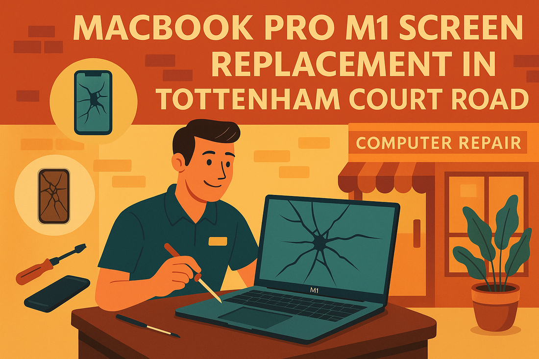 Illustration of a technician repairing a cracked MacBook Pro M1 screen at a computer repair shop in Tottenham Court Road