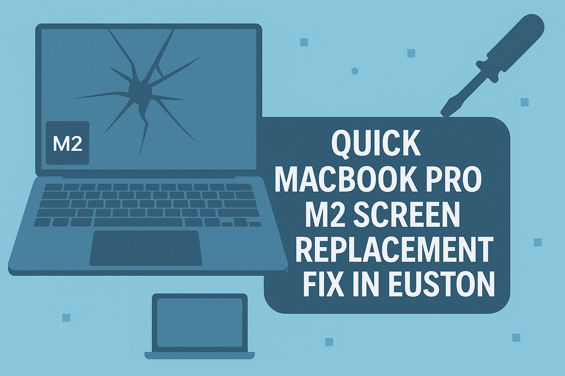 Digital illustration showing a cracked-screen MacBook Pro M2, repair tools, and the bold title “Quick MacBook Pro M2 Screen Replacement Fix in Euston” on a modern blue background.