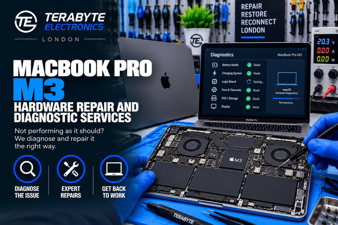 A MacBook Pro M3 undergoing display and hardware diagnostic assessment on a technical workbench at Terabyte Electronics in London.