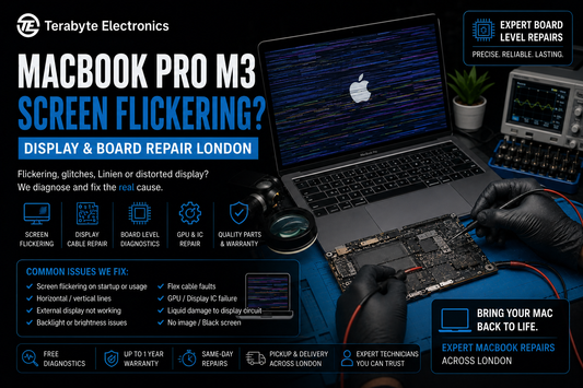 An electronics specialist using precision laboratory tools to inspect the internal display flex cable routing on a MacBook Pro M3 laptop.