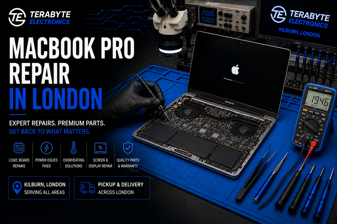 MacBook Pro open on a blue repair mat undergoing logic board power rail testing and component diagnostics at Terabyte Electronics London.