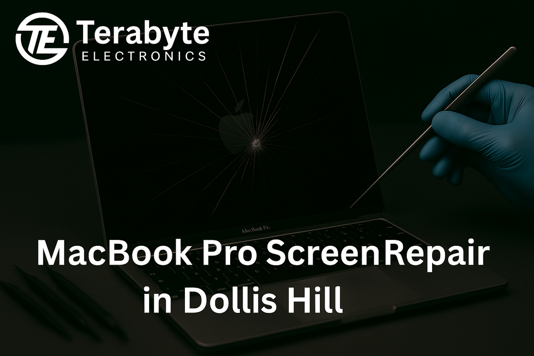 MacBook Pro screen repair in progress at Terabyte Electronics, Dollis Hill – technician fixing a cracked laptop display with precision tools.