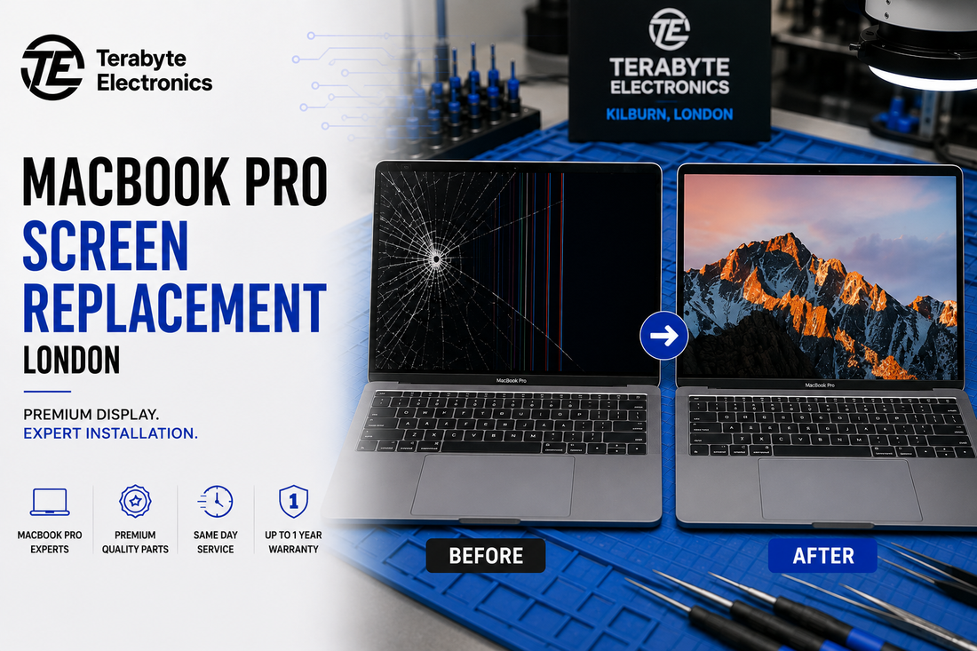 MacBook Pro before and after screen replacement showing cracked display with vertical lines and fully restored screen at Terabyte Electronics Kilburn, London.