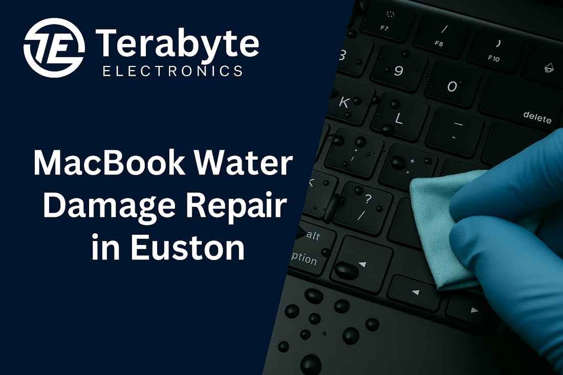Terabyte Electronics – MacBook water damage repair service in Euston with expert technician cleaning liquid spills from keyboard