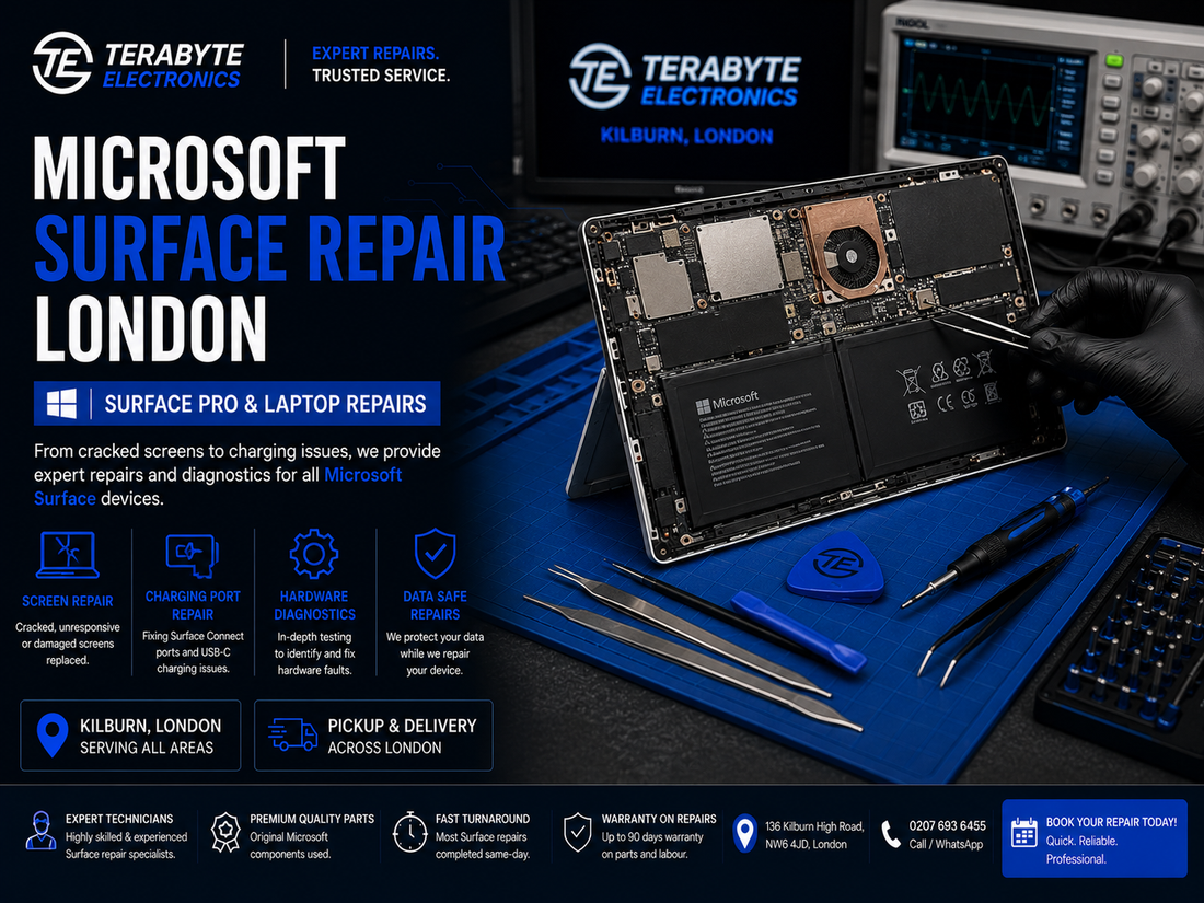 Microsoft Surface Pro tablet open on an antistatic repair mat undergoing hardware diagnostic assessment at Terabyte Electronics London.