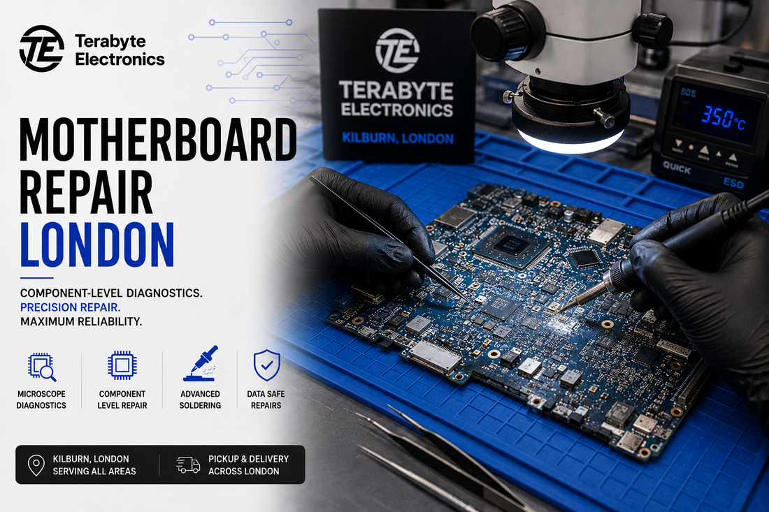 Technician performing component-level motherboard diagnostic testing under microscope on blue repair bench at Terabyte Electronics London.
