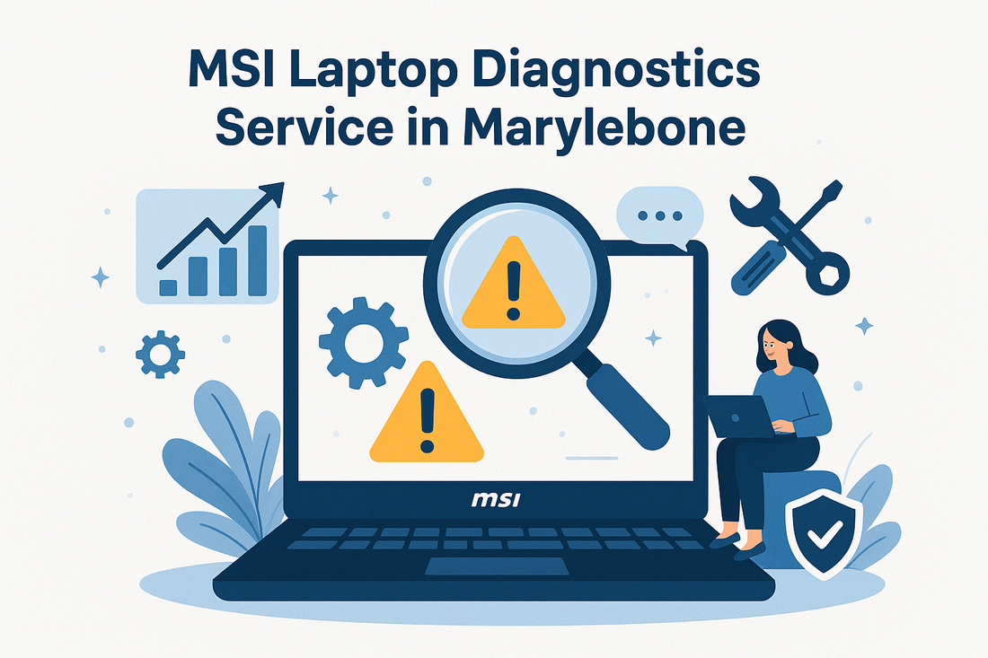 Illustration of MSI laptop diagnostics service in Marylebone showing a laptop with warning icons under a magnifying glass, repair tools, and a woman using a laptop.