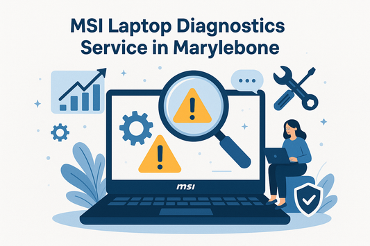 Illustration of MSI laptop diagnostics service in Marylebone showing a laptop with warning icons under a magnifying glass, repair tools, and a woman using a laptop.