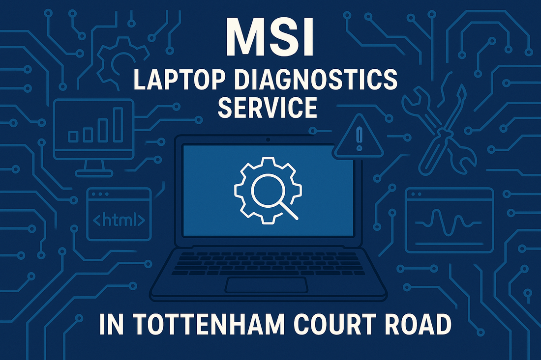 MSI Laptop Diagnostics Service in Tottenham Court Road – illustrated with laptop, diagnostic icons, and circuit board graphics in blue tones.