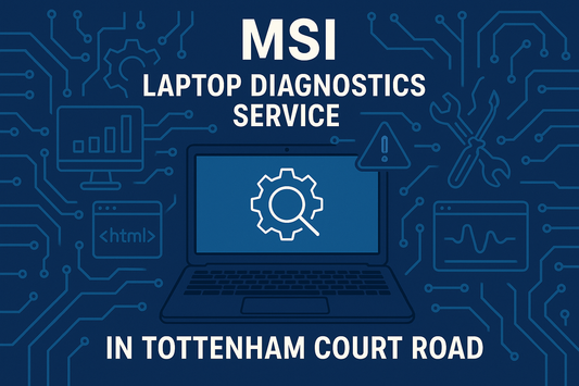 MSI Laptop Diagnostics Service in Tottenham Court Road – illustrated with laptop, diagnostic icons, and circuit board graphics in blue tones.