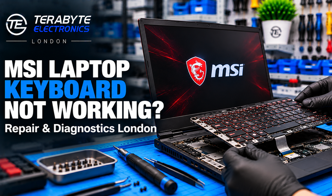 MSI gaming laptop keyboard repair and diagnostic inspection at Terabyte Electronics Kilburn London