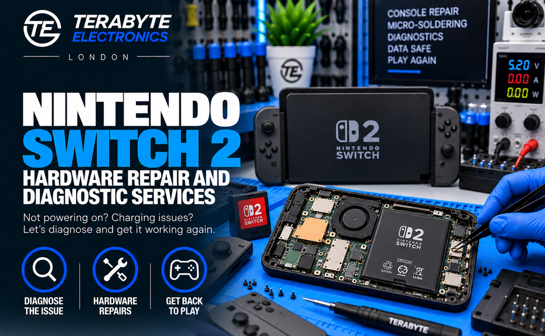 A Nintendo Switch 2 console undergoing hardware diagnostic assessment on a workbench at Terabyte Electronics in London.