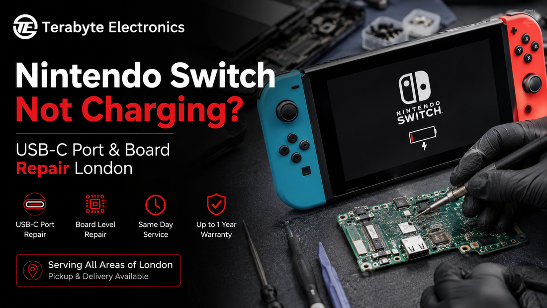 An electronics specialist using a laboratory microscope and digital multimeter to inspect the charging management integrated circuits on a Nintendo Switch motherboard.