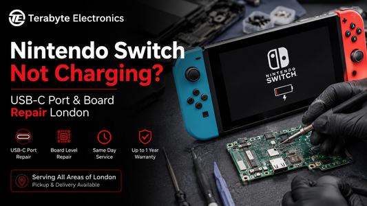 An electronics specialist using a laboratory microscope and digital multimeter to inspect the charging management integrated circuits on a Nintendo Switch motherboard.