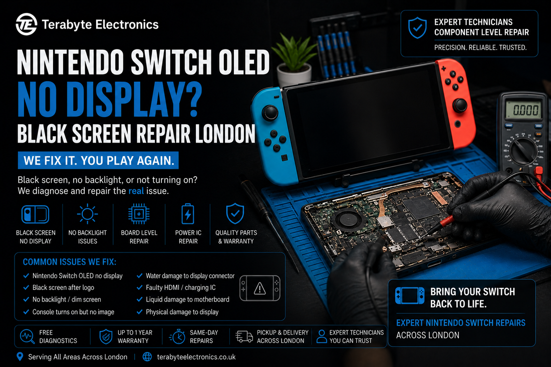 An electronics specialist using precision laboratory micro-soldering tools to repair a video chip on a Nintendo Switch OLED motherboard.