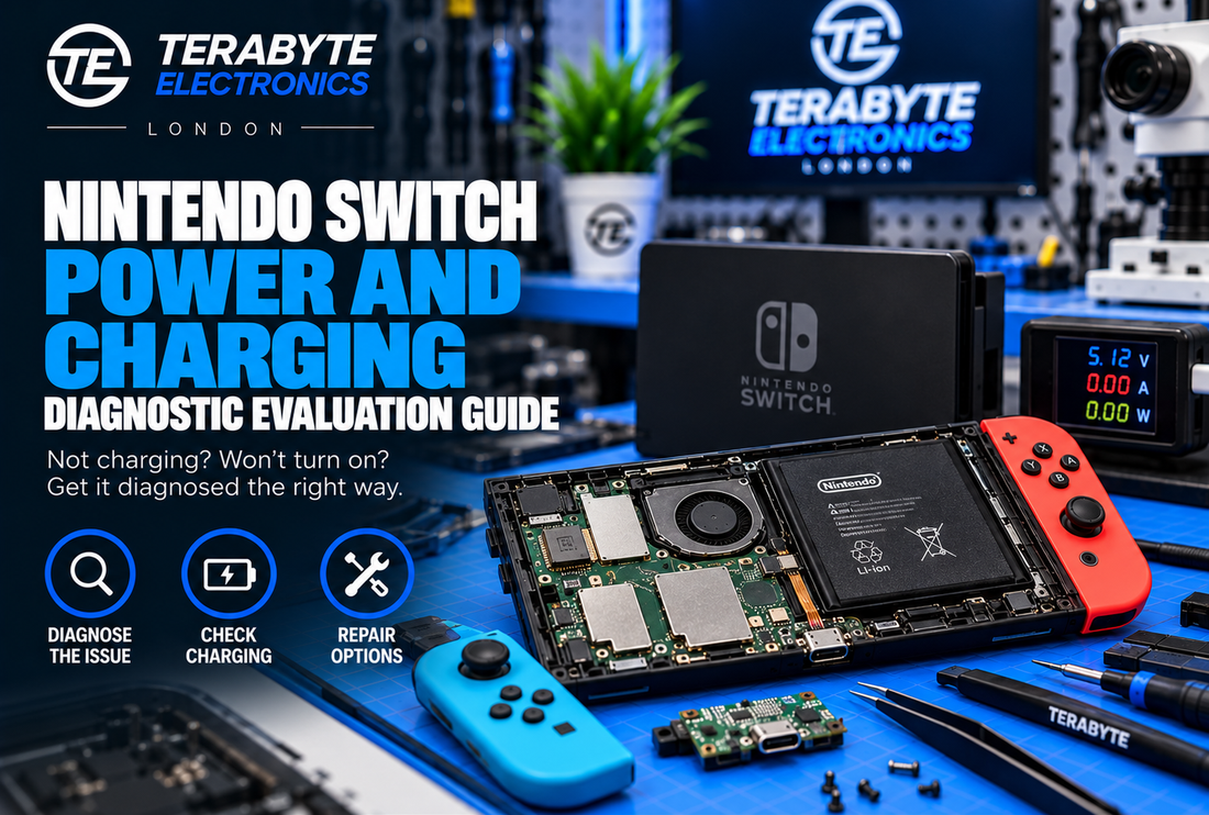 A Nintendo Switch console undergoing power rail and charging diagnostic testing on a workbench at Terabyte Electronics in London.
