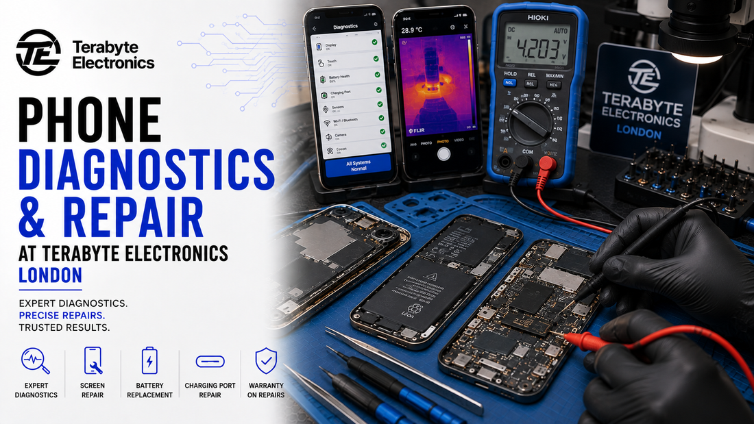 Professional repair workbench with disassembled smartphones, diagnostic multimeters, and screens undergoing hardware evaluation at Terabyte Electronics Kilburn.