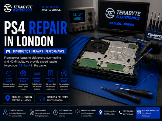 PlayStation 4 console open on an antistatic workbench undergoing hardware diagnostic assessment at Terabyte Electronics London.