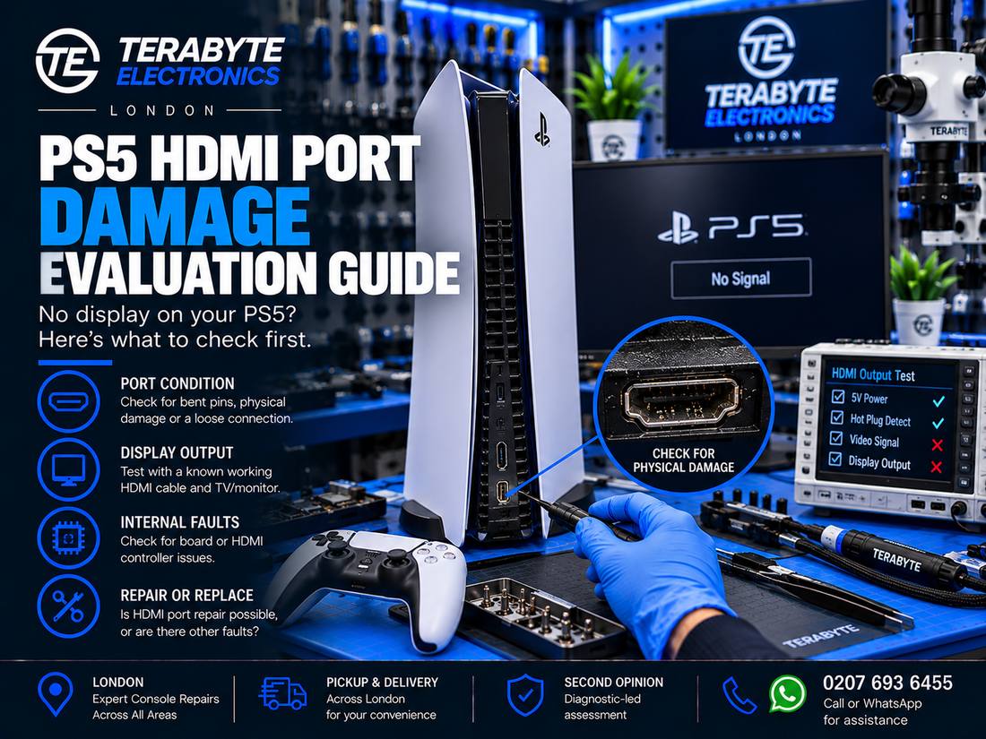 A PlayStation 5 console undergoing HDMI port and video output diagnostic assessment on a workbench at Terabyte Electronics in London.