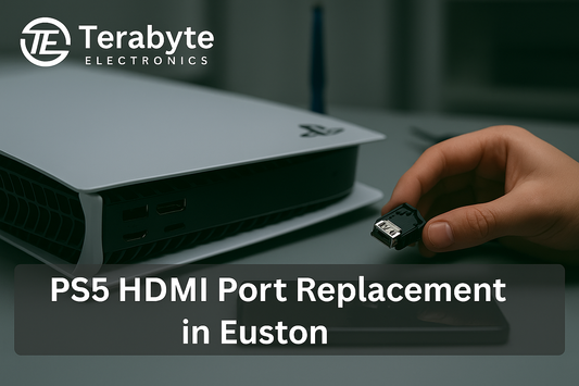 Terabyte Electronics blog image showing a PlayStation 5 console with a technician holding an HDMI port, highlighting HDMI port replacement services in Euston.