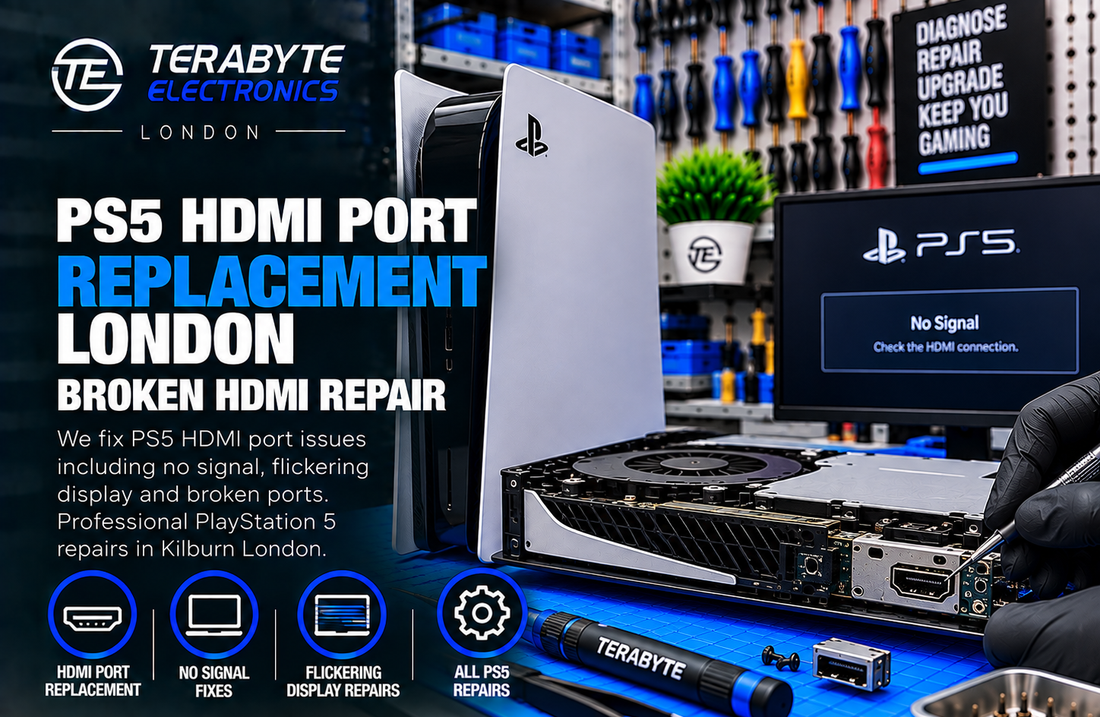 PlayStation 5 console tagged for HDMI port replacement on repair bench at Terabyte Electronics Kilburn London