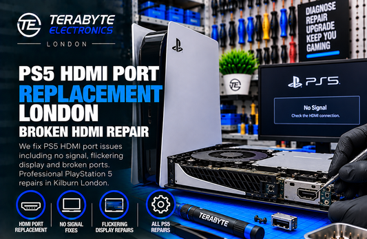 PlayStation 5 console tagged for HDMI port replacement on repair bench at Terabyte Electronics Kilburn London