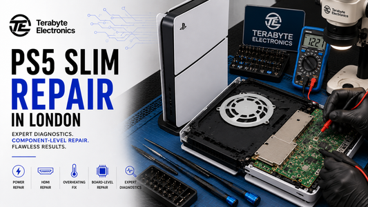 Internal teardown view of a disassembled PS5 Slim console showing motherboard, heatsink shield, cooling fan, and outer chassis on blue ESD mat at Terabyte Electronics Kilburn.