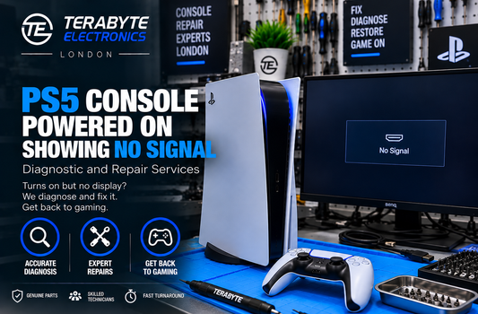 A PlayStation 5 console powered on with glowing indicator light beside a display screen showing a No Signal message on a testing bench.