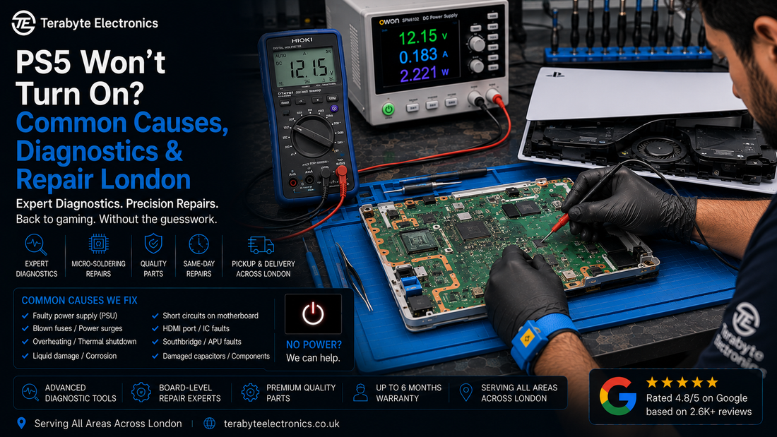 An electronics technician testing power supply circuits on an open PS5 motherboard to diagnose a power failure at Terabyte Electronics London.