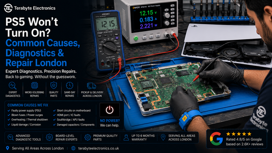 An electronics technician testing power supply circuits on an open PS5 motherboard to diagnose a power failure at Terabyte Electronics London.