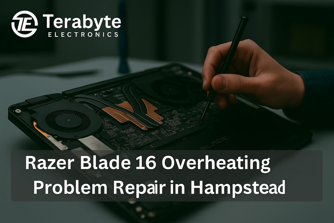Terabyte Electronics technician repairing a Razer Blade 16 gaming laptop for overheating problems in Hampstead.
