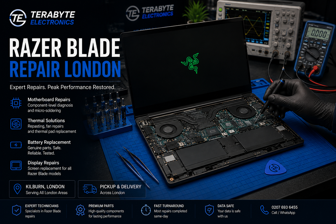 Razer Blade gaming laptop open on an antistatic workbench undergoing hardware diagnostic assessment at Terabyte Electronics London.