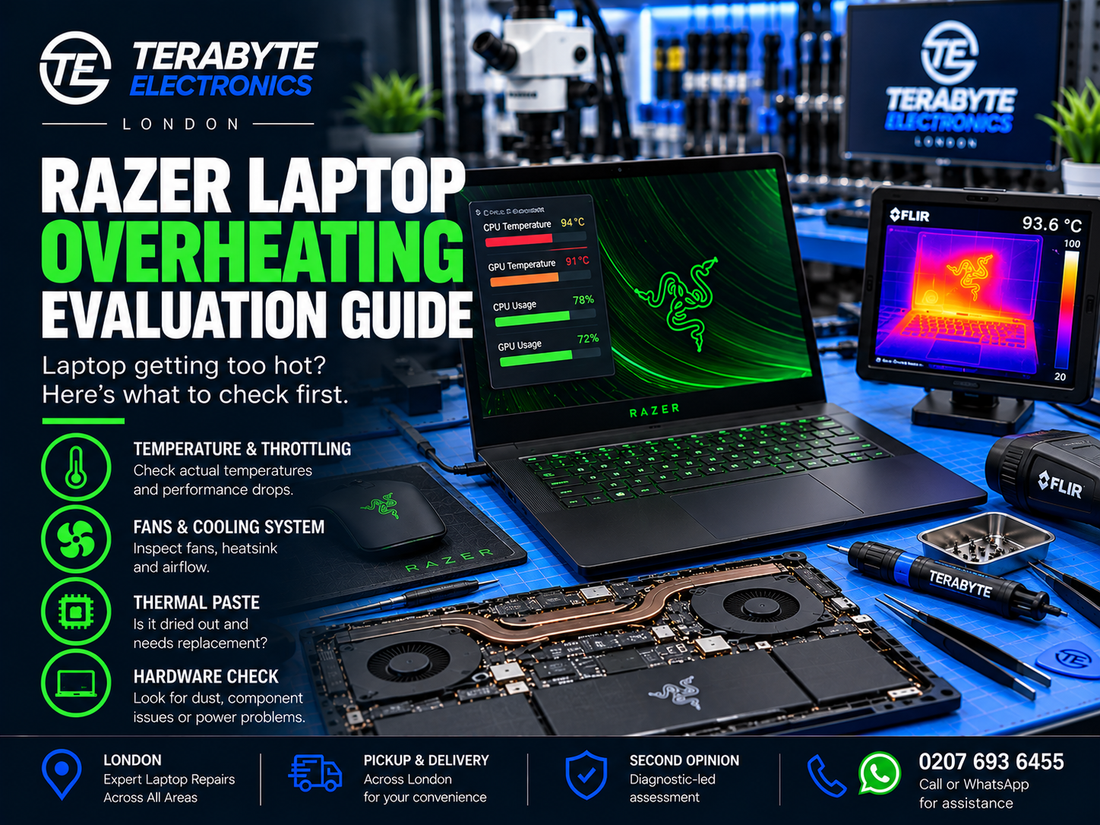 A Razer Blade gaming laptop undergoing thermal performance diagnostic testing on a bench at Terabyte Electronics in London.