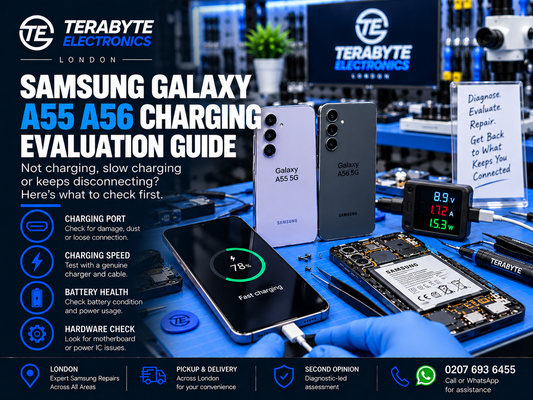 A Samsung Galaxy A-series smartphone undergoing USB-C port and charging behaviour diagnostic testing on a bench at Terabyte Electronics in London.