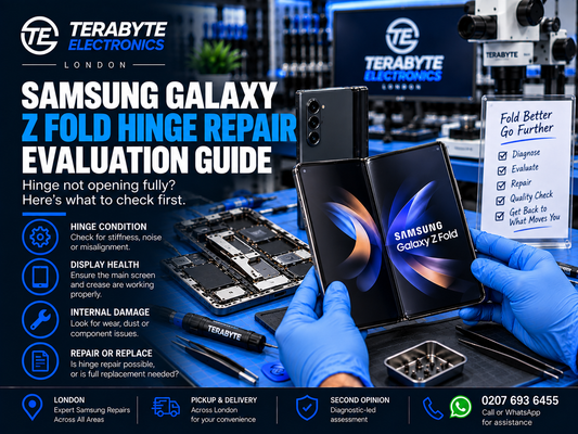 A Samsung Galaxy Z Fold smartphone undergoing hinge alignment and folding display evaluation on a bench at Terabyte Electronics in London.
