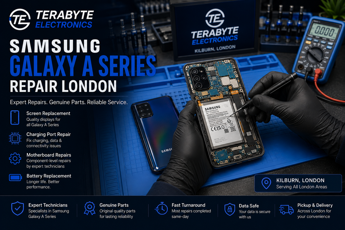 Samsung Galaxy A Series smartphone on an antistatic bench undergoing hardware diagnostic assessment at Terabyte Electronics London.