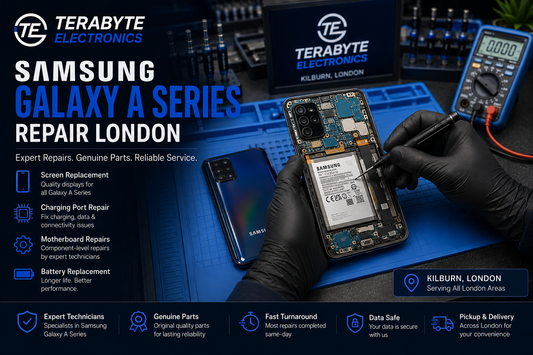 Samsung Galaxy A Series smartphone on an antistatic bench undergoing hardware diagnostic assessment at Terabyte Electronics London.