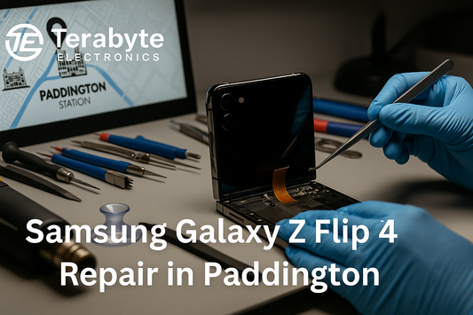 Samsung Galaxy Z Flip 4 repair in Paddington – Terabyte Electronics blog banner showing technician repairing foldable phone with tools and Paddington map