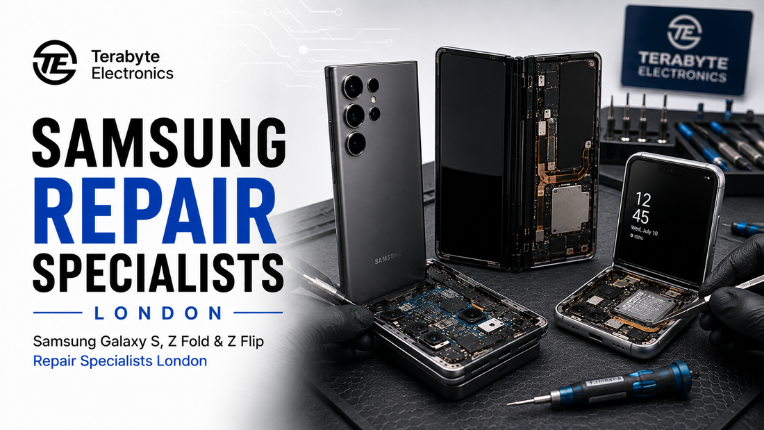 Side-by-side Samsung Galaxy S Ultra, Z Fold, and Z Flip devices undergoing diagnostics in Terabyte Electronics London workshop