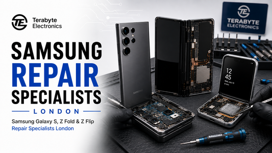 Side-by-side Samsung Galaxy S Ultra, Z Fold, and Z Flip devices undergoing diagnostics in Terabyte Electronics London workshop