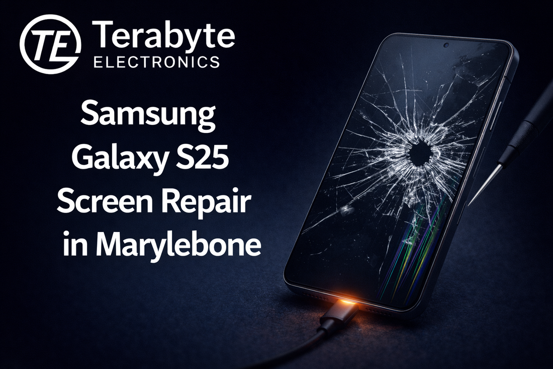 Samsung Galaxy S25 with a cracked screen connected to a charging cable, representing professional screen repair service in Marylebone by Terabyte Electronics.