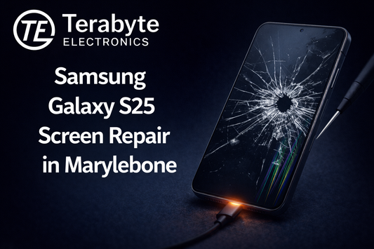 Samsung Galaxy S25 with a cracked screen connected to a charging cable, representing professional screen repair service in Marylebone by Terabyte Electronics.