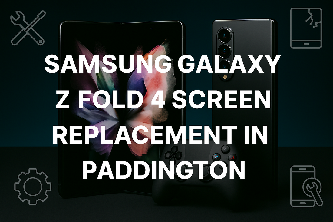 Samsung Galaxy Z Fold 4 with vivid display, showing front and back view, promoting professional screen replacement services in Paddington.