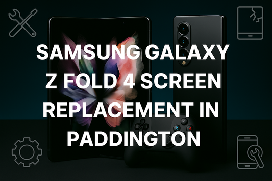 Samsung Galaxy Z Fold 4 with vivid display, showing front and back view, promoting professional screen replacement services in Paddington.