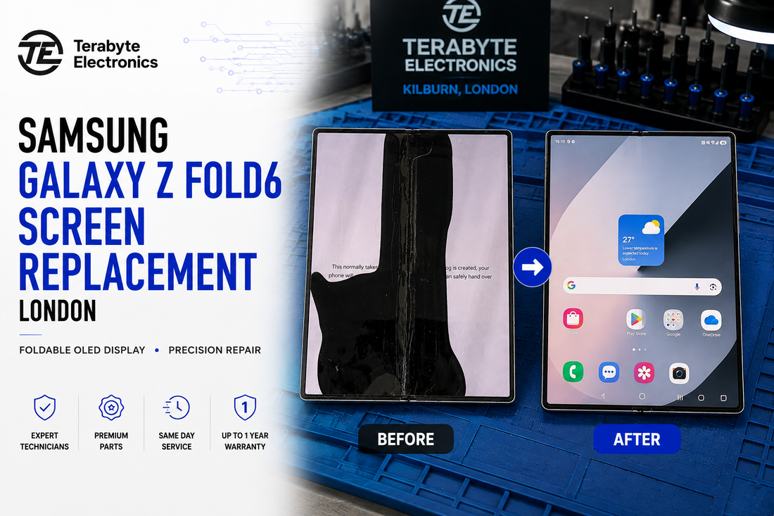 Samsung Galaxy Z Fold6 before and after screen replacement showing damaged inner OLED display and repaired working screen at Terabyte Electronics Kilburn, London.