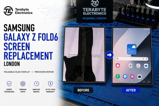Samsung Galaxy Z Fold6 before and after screen replacement showing damaged inner OLED display and repaired working screen at Terabyte Electronics Kilburn, London.
